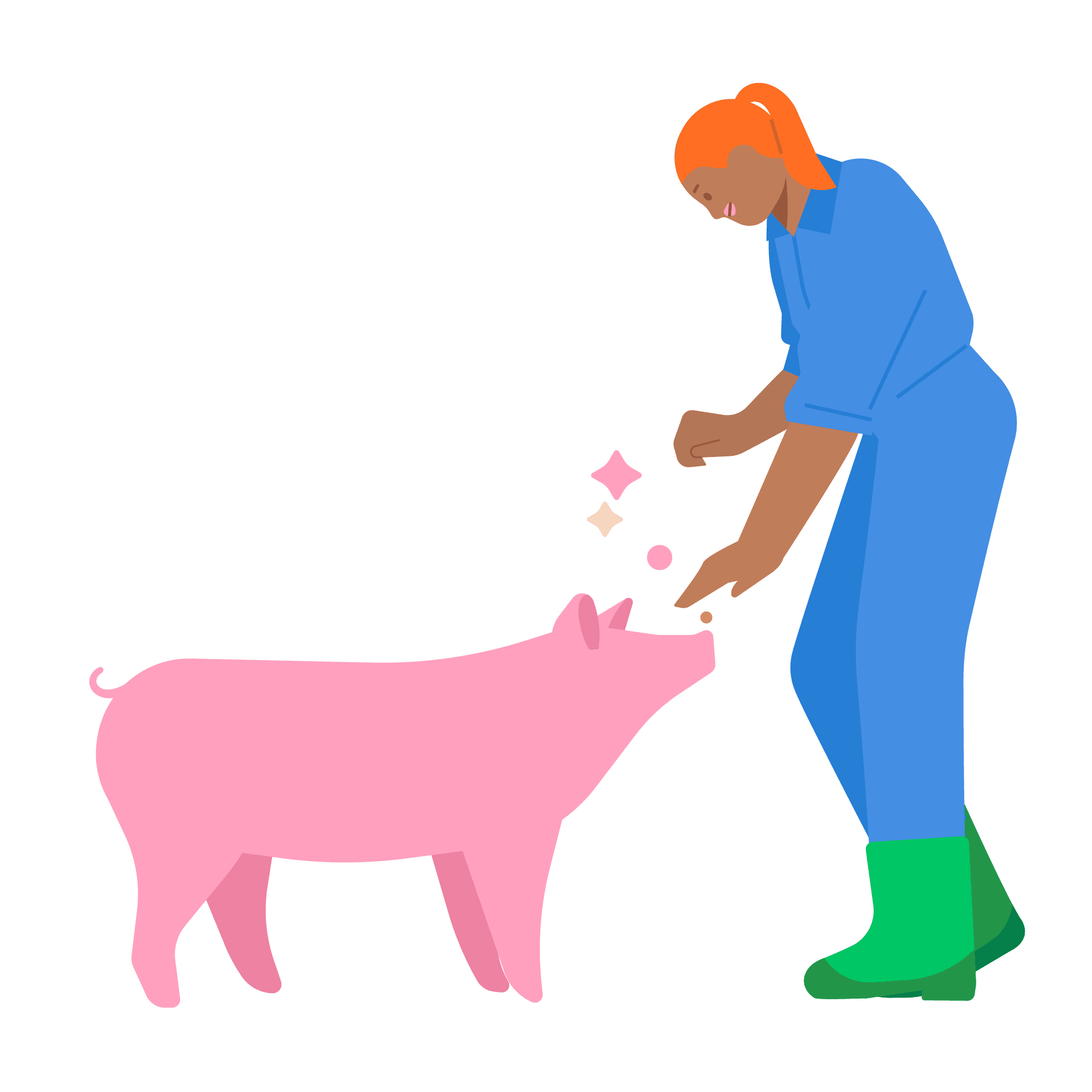 Illustration einer Person in Arbeitskleidung, die ein Schwein füttert. Die Darstellung steht für Tierhaltung, Fürsorge und den verantwortungsvollen Umgang mit Nutztieren in der Landwirtschaft.