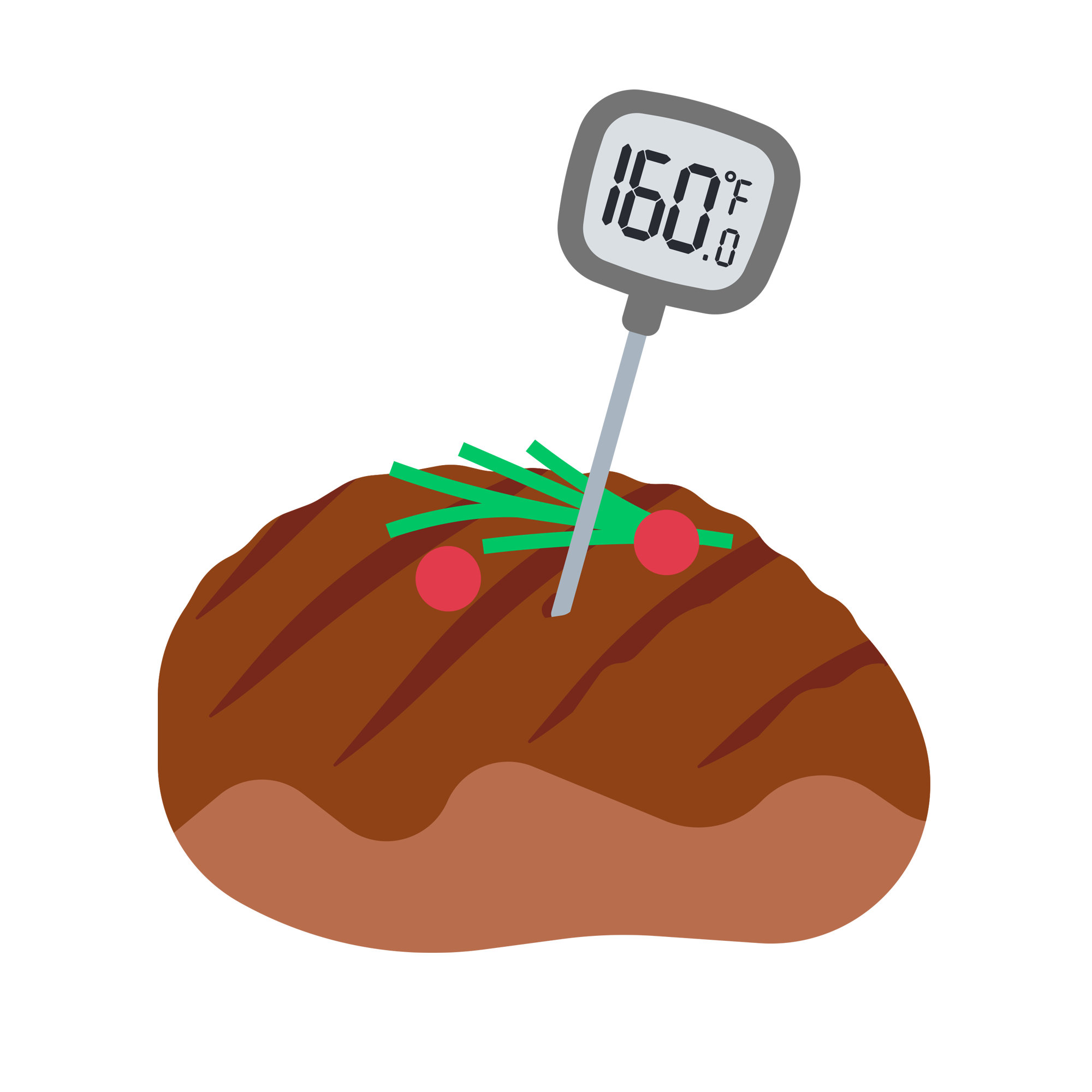 Illustration eines gegarten Fleischstücks mit Kerntemperatur-Thermometer.