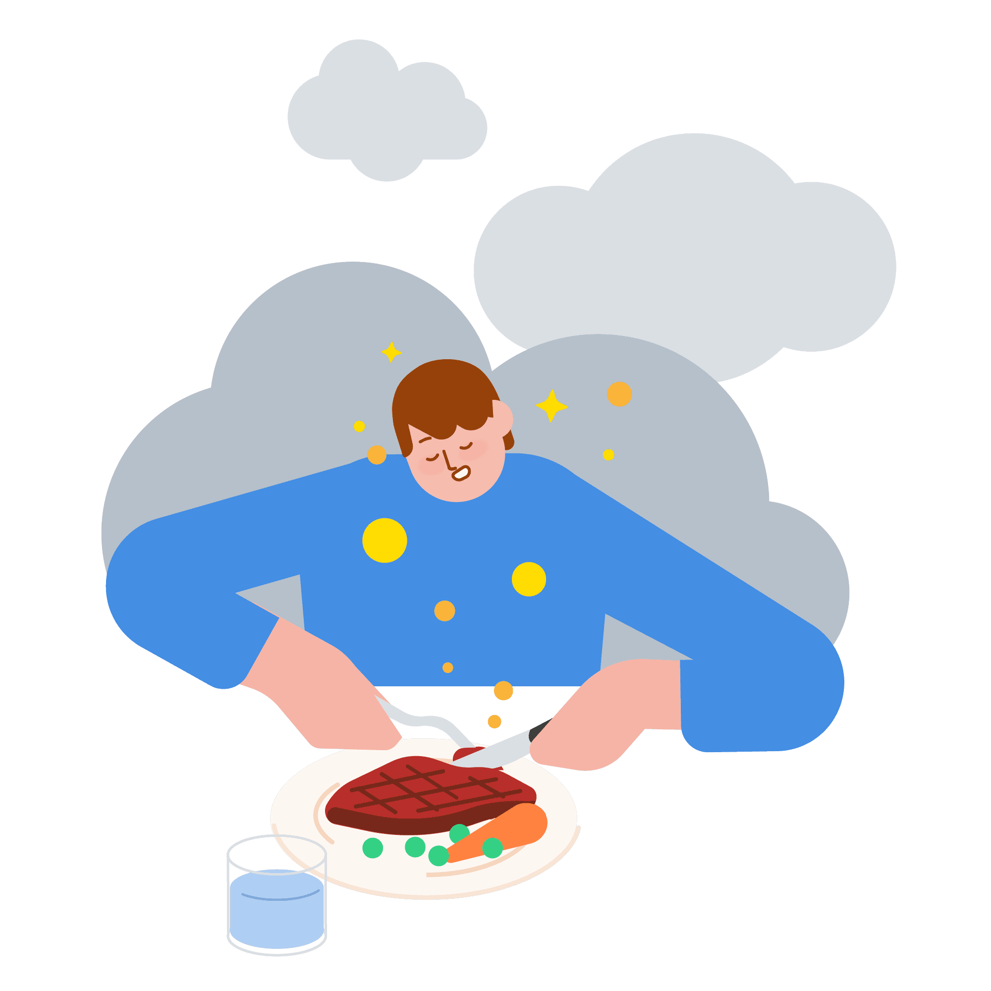 Illustration einer Person beim Essen eines Steaks mit Gemüsebeilage. Die Darstellung steht für Genuss, bewusste Ernährung und die individuelle Wahl von Lebensmitteln.